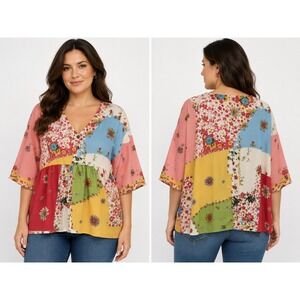 Multi Color Patchwork Floral Top Large Boho Peplum Blouse Cottage Hippie Artsy
